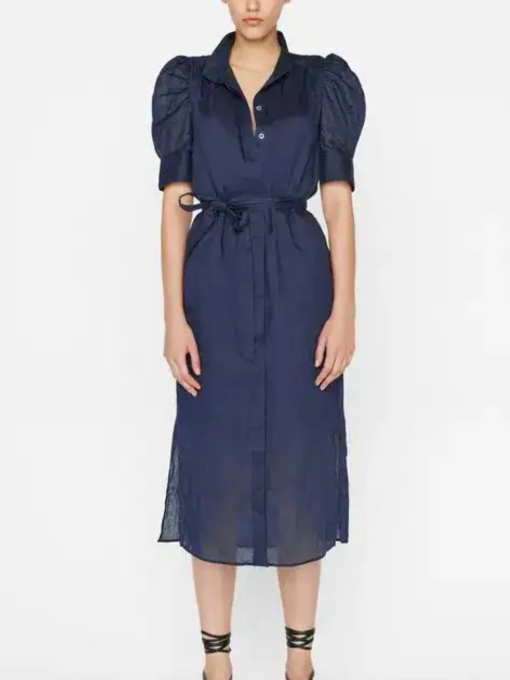 Frame | Gillian Midi Puff-Sleeve Shirt Dress in Navy
